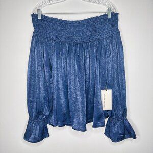 Coverstitched‎ Blue Navy Off-the-Shoulder Blouse, Bell Sleeves - Size L
